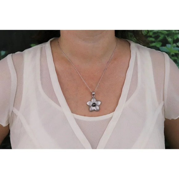 Pendant Only Large 14k White Gold Black Pearl Plumeria Flower Pendant - Picture 2 of 6